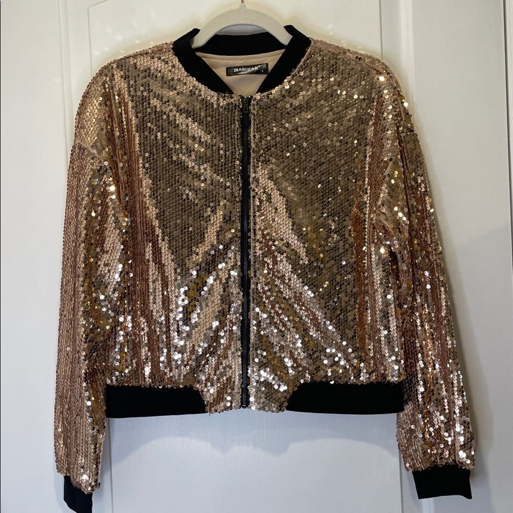 Allegra K Gold Sequin Bomber Zip Up Jacket size S